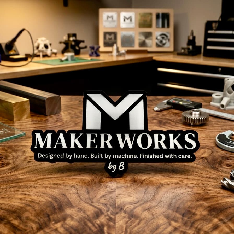MakerWorks workshop — laser-engraved acrylic logo